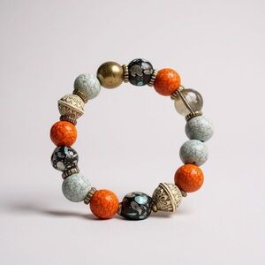 Boutique Boho Colorful Blue Orange Gray Gold Black Stone Elastic Bracelet